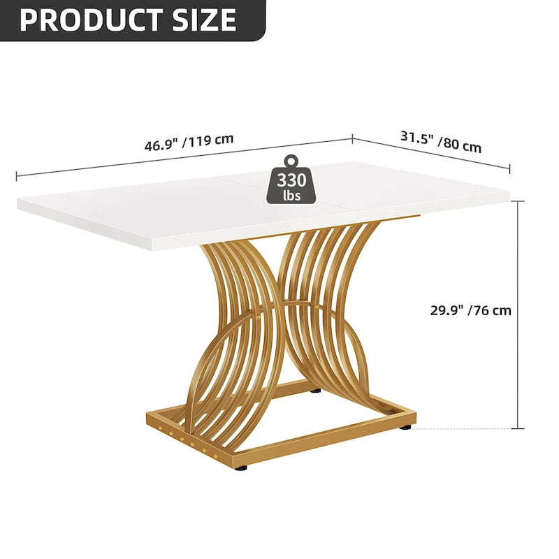 Moasis Rectangular Dining Table for 4, White and Gold Kitchen Table Dinner Table