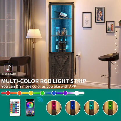 Moasis LED Corner Storage Cabinet with Light Farmhouse Tall Corner Cabinet with Barn Door Design