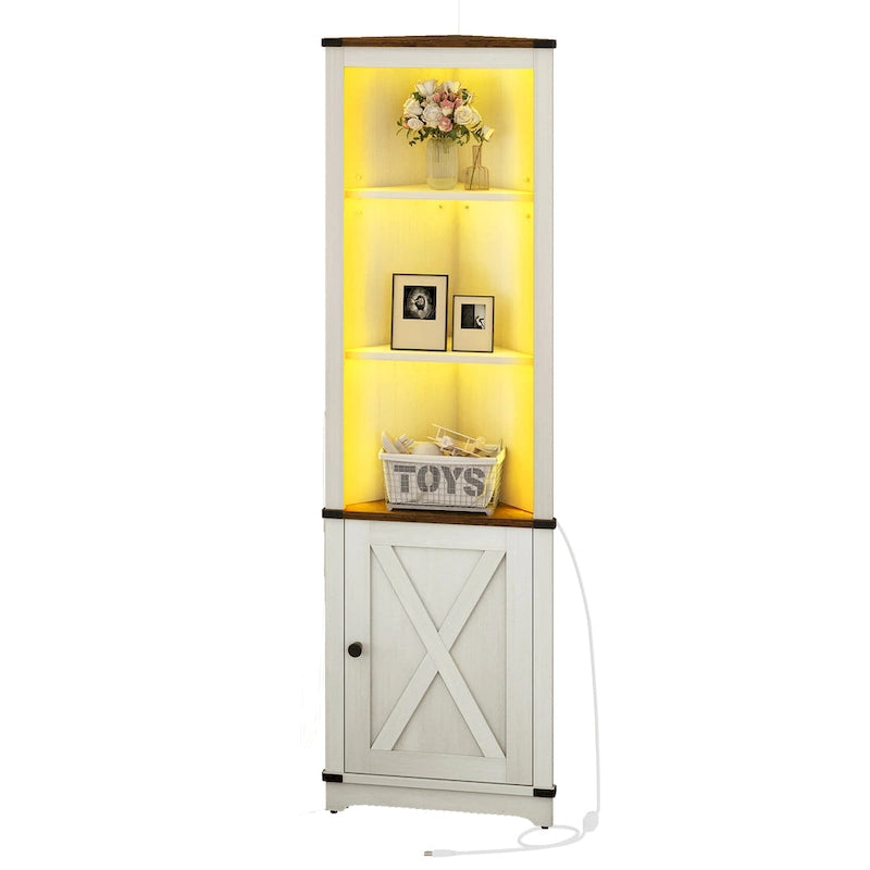Moasis LED Corner Storage Cabinet with Light Farmhouse Tall Corner Cabinet with Barn Door Design