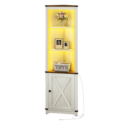 Moasis LED Corner Storage Cabinet with Light Farmhouse Tall Corner Cabinet with Barn Door Design