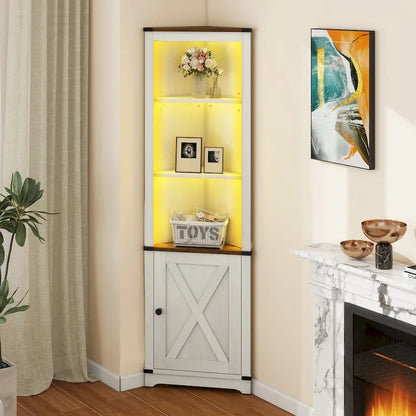 Moasis LED Corner Storage Cabinet with Light Farmhouse Tall Corner Cabinet with Barn Door Design