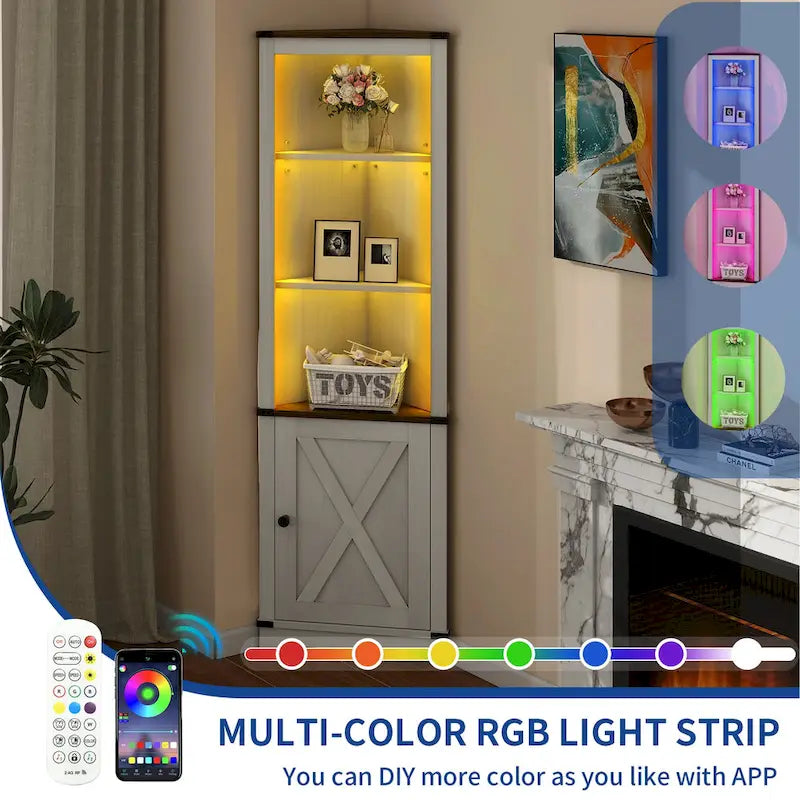 Moasis LED Corner Storage Cabinet with Light Farmhouse Tall Corner Cabinet with Barn Door Design