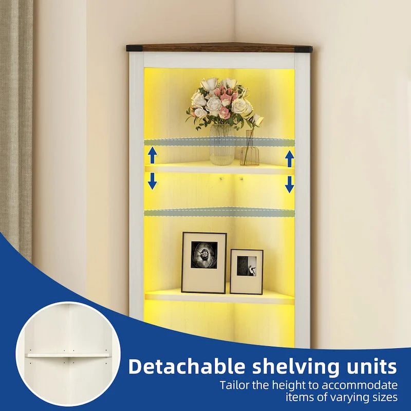 Moasis LED Corner Storage Cabinet with Light Farmhouse Tall Corner Cabinet with Barn Door Design