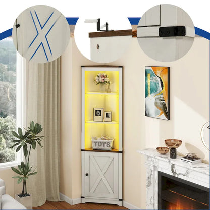 Moasis LED Corner Storage Cabinet with Light Farmhouse Tall Corner Cabinet with Barn Door Design