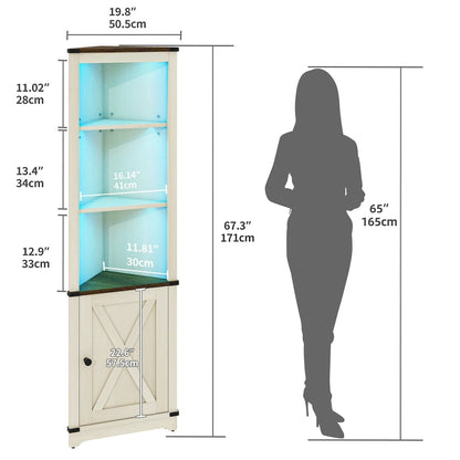 Moasis LED Corner Storage Cabinet with Light Farmhouse Tall Corner Cabinet with Barn Door Design