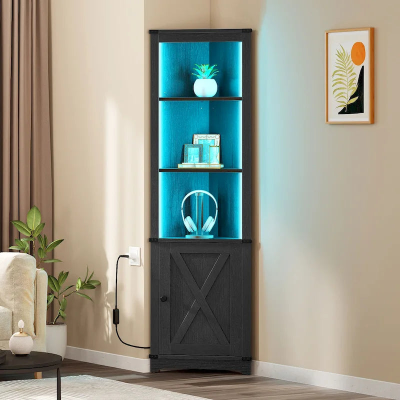 Moasis LED Corner Storage Cabinet with Light Farmhouse Tall Corner Cabinet with Barn Door Design