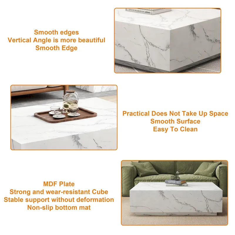 Faux Marble Solid Block Rectangular Coffee Table