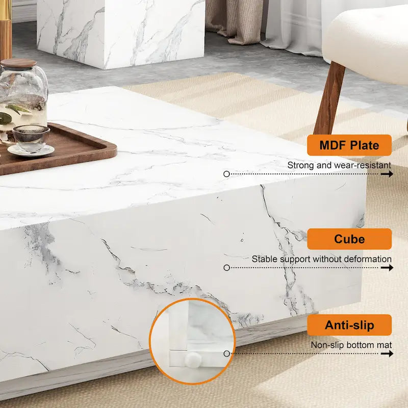 Faux Marble Solid Block Rectangular Coffee Table
