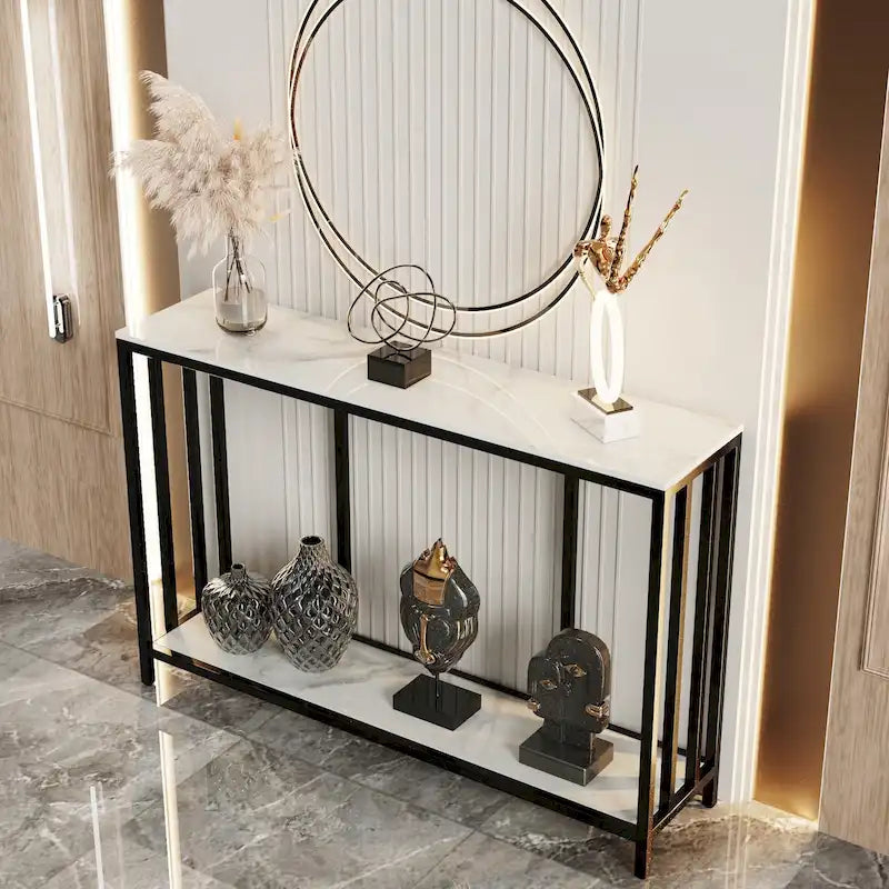 Marble Console Table 2 Tier with Metal Frame Sofa Storage Table - 47.2x11.8x30.7 inch