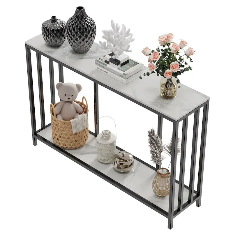 Marble Console Table 2 Tier with Metal Frame Sofa Storage Table - 47.2x11.8x30.7 inch