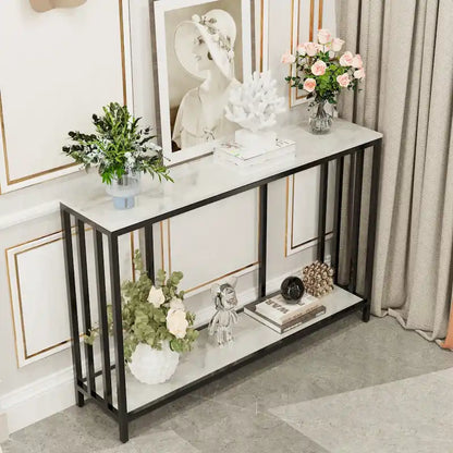 Marble Console Table 2 Tier with Metal Frame Sofa Storage Table - 47.2x11.8x30.7 inch