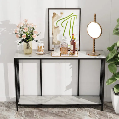 Marble Console Table 2 Tier with Metal Frame Sofa Storage Table - 47.2x11.8x30.7 inch