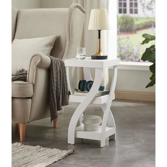 Side End Table, Accent Nightstand with Curved Legs and Storage Shelfs, White