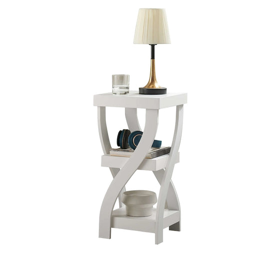 Side End Table, Accent Nightstand with Curved Legs and Storage Shelfs, White