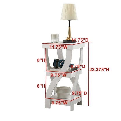 Side End Table, Accent Nightstand with Curved Legs and Storage Shelfs, White