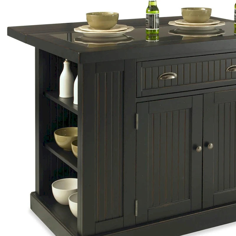 Nantucket Black Wood and Granite Inlay Kitchen Island