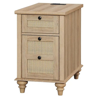 WAMPAT Farmhouse End Table with Charging Station, Wood Sofa Side Table