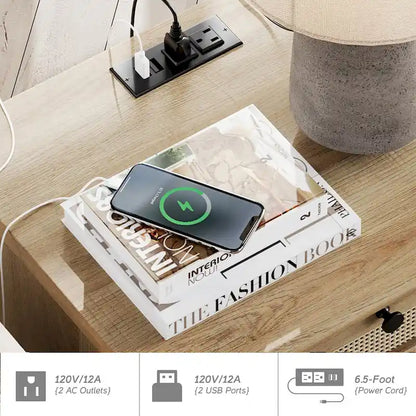 WAMPAT Farmhouse End Table with Charging Station, Wood Sofa Side Table