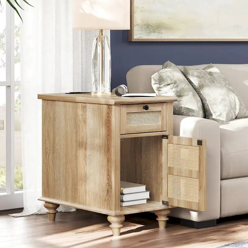 WAMPAT Farmhouse End Table with Charging Station, Wood Sofa Side Table