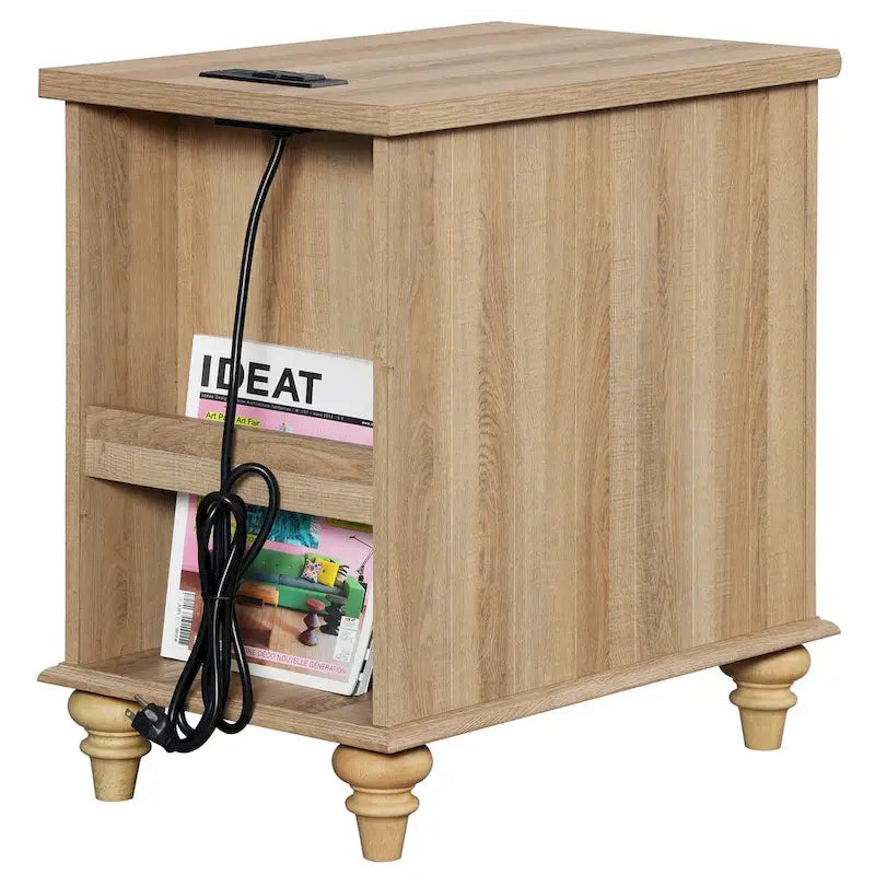 WAMPAT Farmhouse End Table with Charging Station, Wood Sofa Side Table