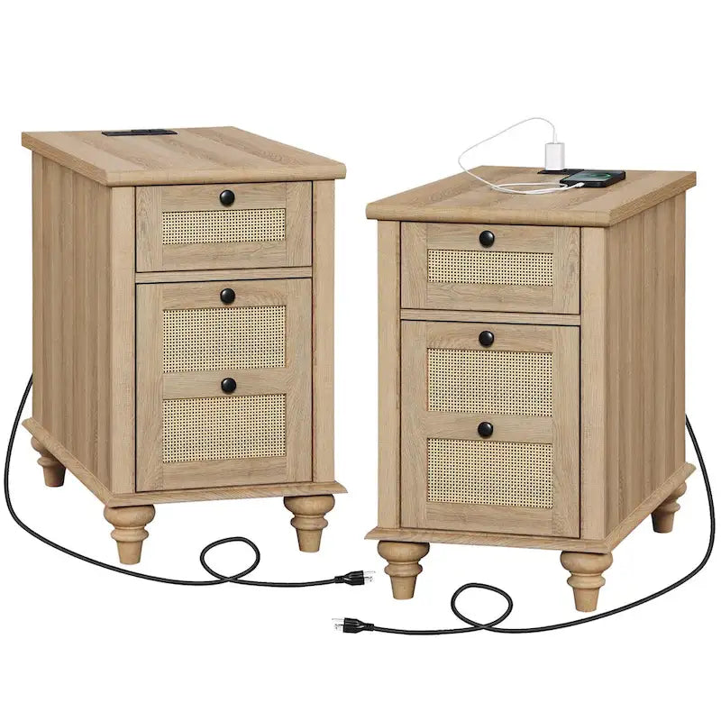 WAMPAT Farmhouse End Table with Charging Station, Wood Sofa Side Table