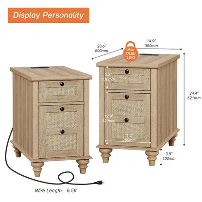 WAMPAT Farmhouse End Table with Charging Station, Wood Sofa Side Table