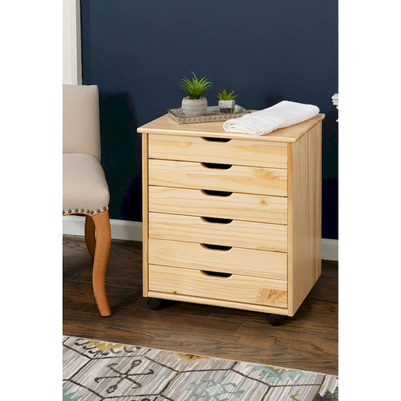 25.25 Natural Brown Wide Rolling Storage Cabinet with 6 Drawer