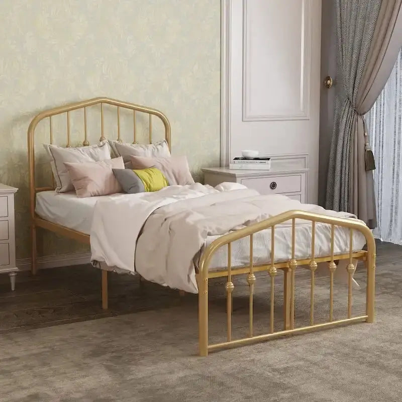 Alazyhome Platform Metal Bed Frame with Headboard, Iron Slat Support