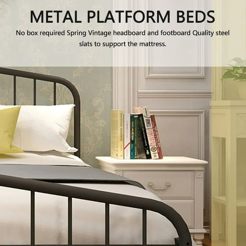 Alazyhome Platform Metal Bed Frame with Headboard, Iron Slat Support
