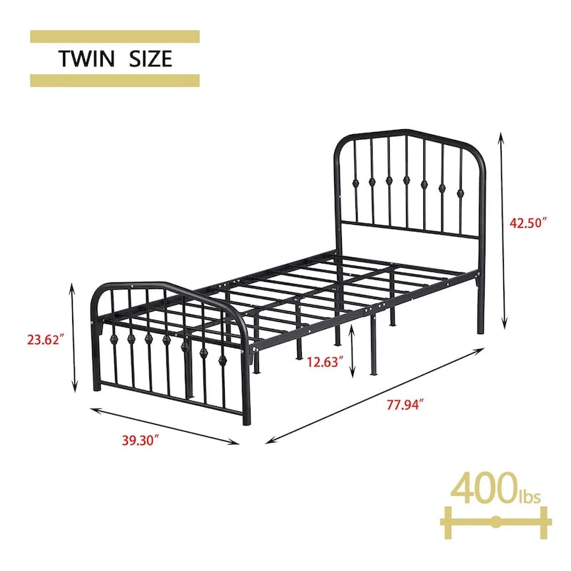 Alazyhome Platform Metal Bed Frame with Headboard, Iron Slat Support