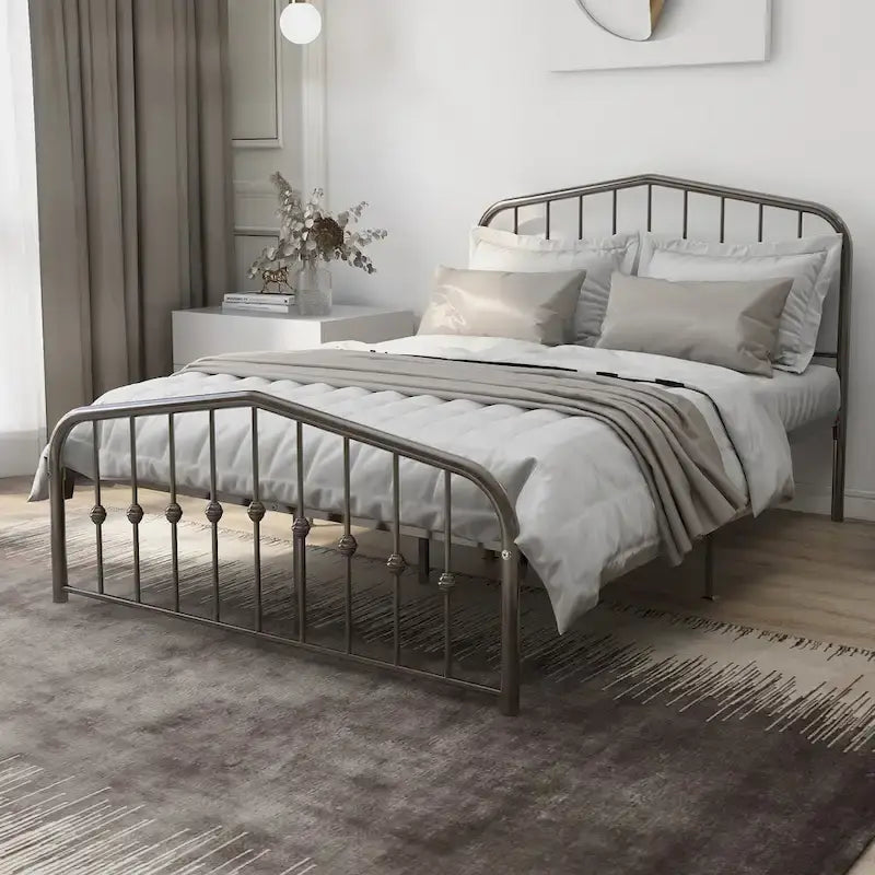 Alazyhome Platform Metal Bed Frame with Headboard, Iron Slat Support