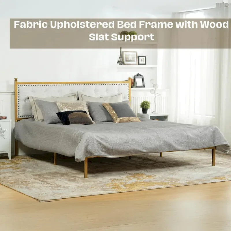 HomyLin Upholstered Platform Bed Frame with Tufted Headboard, No Box Spring Needed