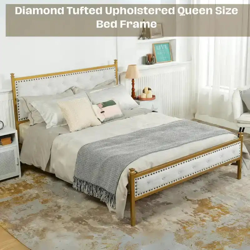 HomyLin Upholstered Platform Bed Frame with Tufted Headboard, No Box Spring Needed