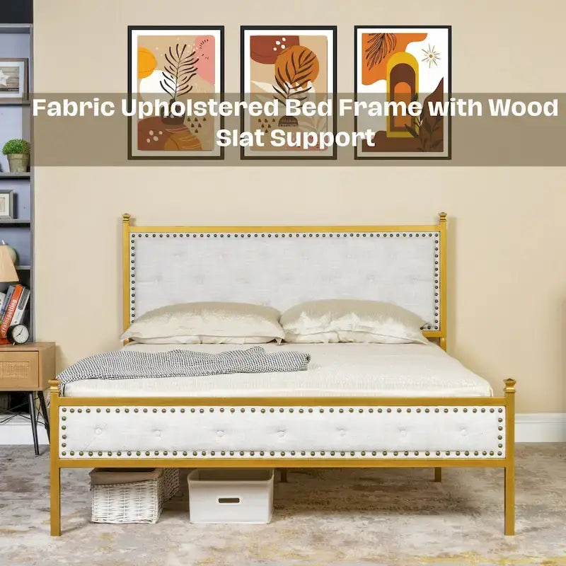 HomyLin Upholstered Platform Bed Frame with Tufted Headboard, No Box Spring Needed