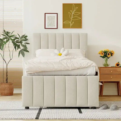 Twin Size Upholstered Platform Bed with Trundle and 3 Drawers, Linen Fabric