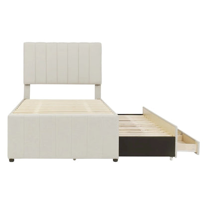 Twin Size Upholstered Platform Bed with Trundle and 3 Drawers, Linen Fabric