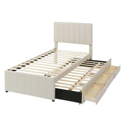 Twin Size Upholstered Platform Bed with Trundle and 3 Drawers, Linen Fabric