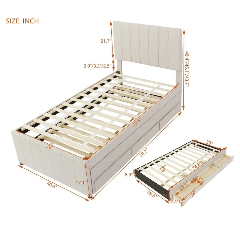 Twin Size Upholstered Platform Bed with Trundle and 3 Drawers, Linen Fabric