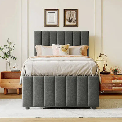 Twin Size Upholstered Platform Bed with Trundle and 3 Drawers, Linen Fabric
