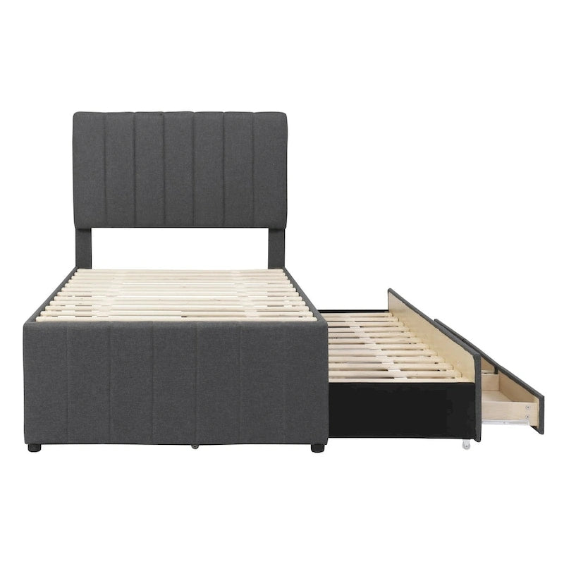 Twin Size Upholstered Platform Bed with Trundle and 3 Drawers, Linen Fabric