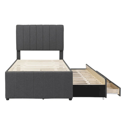 Twin Size Upholstered Platform Bed with Trundle and 3 Drawers, Linen Fabric