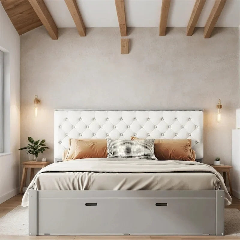 Queen Size Wood Platform Bed with Shoe Rack and Drawers