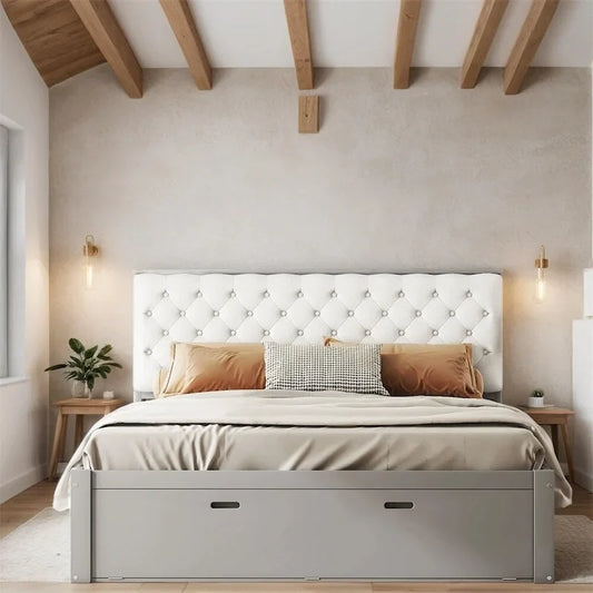 Queen Size Wood Platform Bed with Shoe Rack and Drawers