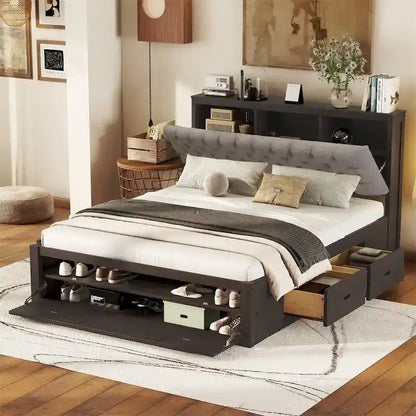 Queen Size Wood Platform Bed with Shoe Rack and Drawers