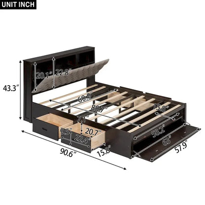 Queen Size Wood Platform Bed with Shoe Rack and Drawers