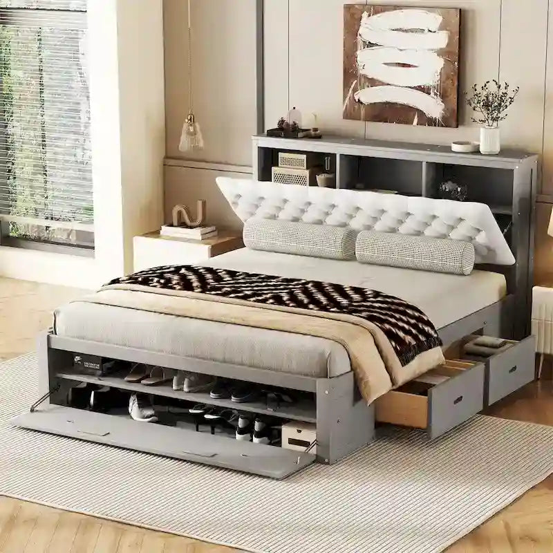 Queen Size Wood Platform Bed with Shoe Rack and Drawers