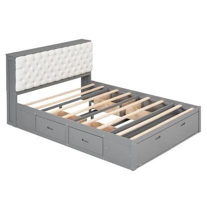 Queen Size Wood Platform Bed with Shoe Rack and Drawers