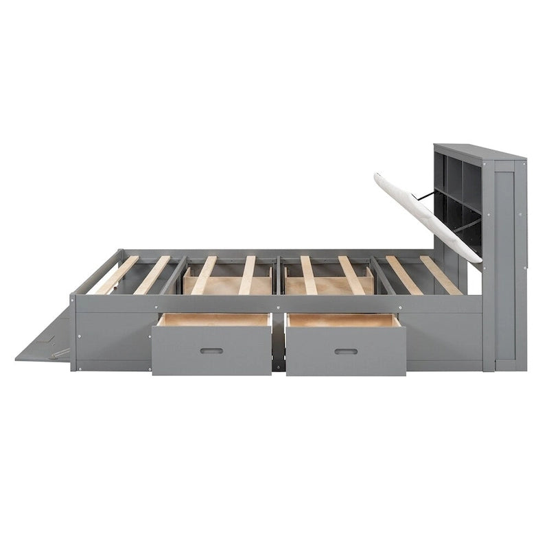 Queen Size Wood Platform Bed with Shoe Rack and Drawers