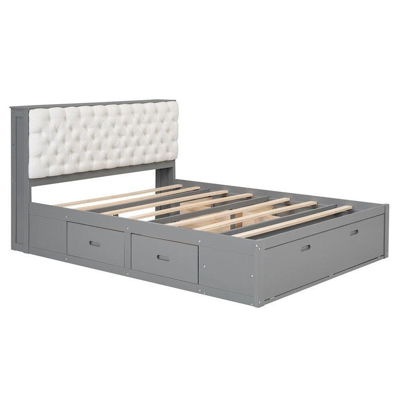 Queen Size Wood Platform Bed with Shoe Rack and Drawers