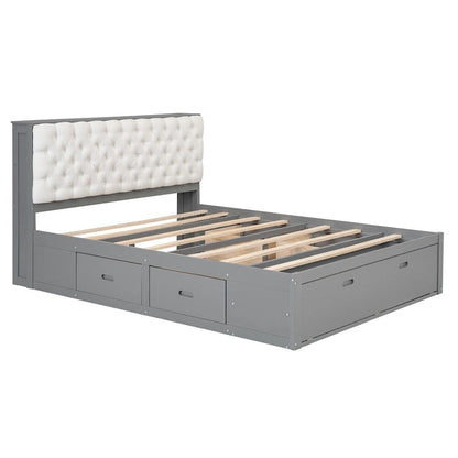 Queen Size Wood Platform Bed with Shoe Rack and Drawers